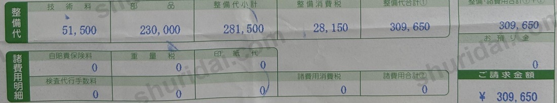 ハンドルが重い症状でパワステを交換した実際の整備明細書の請求額